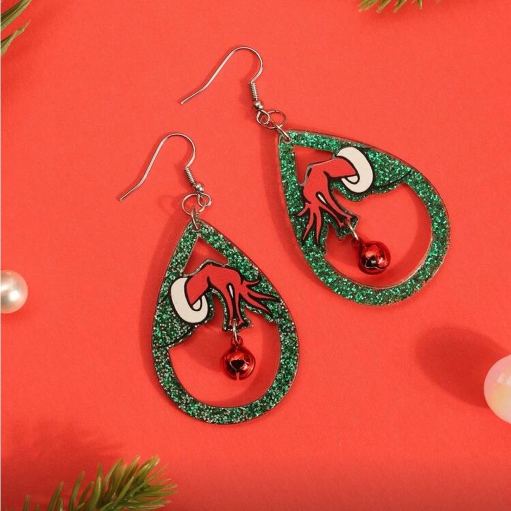 ****SOLD**** Grinch Green and Red Teardrop Earrings - Picture 2 of 5